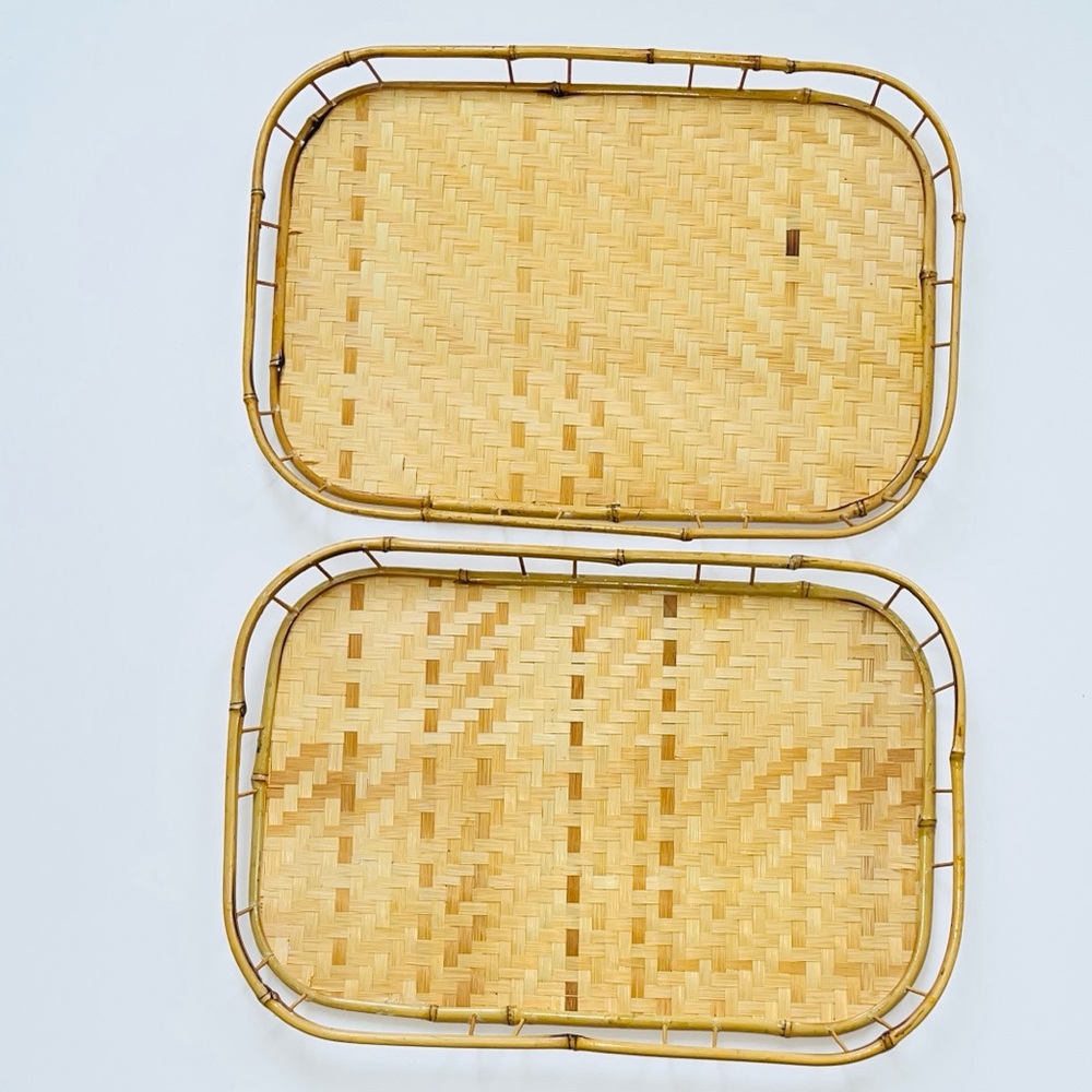 TWO VINTAGE BOHO BAMBOO REED WOVEN RATTAN SERVING TRAYS MCM